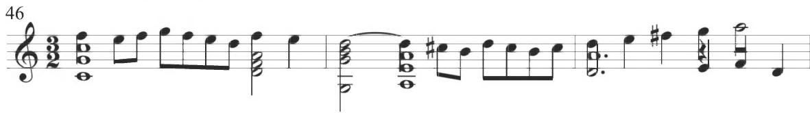 Mudarra, Romanesca I O guárdama las vacas, mm. 46-48；Final scalar motion in the upper and lower voices, incorporating the preliminary quarter-note scalar ascent of the first measure of the variation as well as the recurrent dotted motive, at last leads into the ultimate cadential conclusion of the composition.