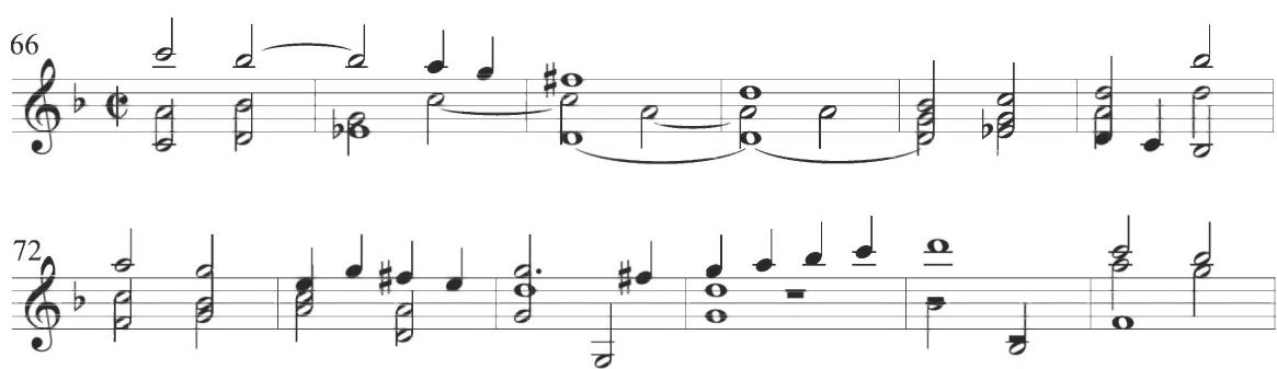 The third diferencia of the composition, comprising measures 80 through 120, includes an initial performance indication of “apriesa,” or “hastily,” designating a somewhat faster tempo than previously employed. In addition, the variation incorporates almost continuous motion in stepwise quarter notes, especially within the beginning ternary segment. A dotted figure enters in the bass line within the first measure of the section, and constant scalar descending figures appear throughout the following measures in multiple voices, as displayed below.