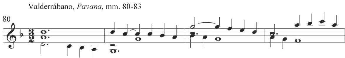 As in numerous earlier compositions, as well as throughout the continuing Spanish style, these scalar patterns frequently begin with a longer held note, and several of these initiating tones are held across the primary beat, as exhibited in previous variations within this same set. One of the three contrapuntal voices intermittently drops out from this scalar passagework, producing a sounding polyphonic consistency again encompassing only two musical lines. The rhythmic