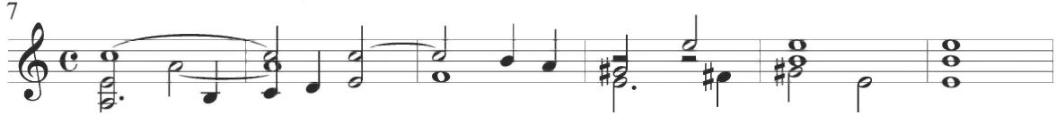 Valderrábano, Siete diferencias sobre Guárdame las Vacas, mm. 7-12；Intervallic leaps in consistent half notes also occur throughout the variation within various voices.