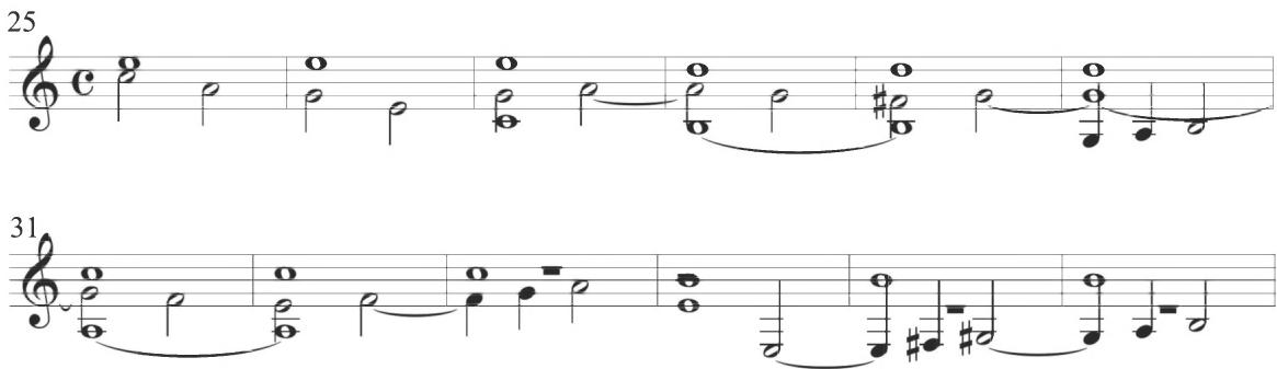 The second variation contained within the work encompasses measures 25 through 48. The section begins with a two-voice polyphonic texture in the first two measures, with the thematic melody maintained in the top voice and a descending line in intervallic thirds with modern half notes, twice the notational value of the fundamental thematic rhythm, within the lower voice, as exhibited below.；Valderrábano, Siete diferencias sobre Guárdame las Vacas, mm. 25-36；A third contrapuntal voice enters in the third measure of the section in parallel motion with the upper theme, while the inner voice maintains rhythmic motion in half notes. A motivic figure consisting of two quarter notes and a concluding half note in an upward stepwise line enters within the lowest voice in measure 30 and reappears in the inner voice at measure 33 and again in repetition in the bass line at measures 35 and 36. Further rhythmic interest is incorporated within the melodic line with additional stepwise patterns at measures 39 and 41, while the alto voice conveys a full scalar descent in quarter notes at measure 44. The motivic figures of the