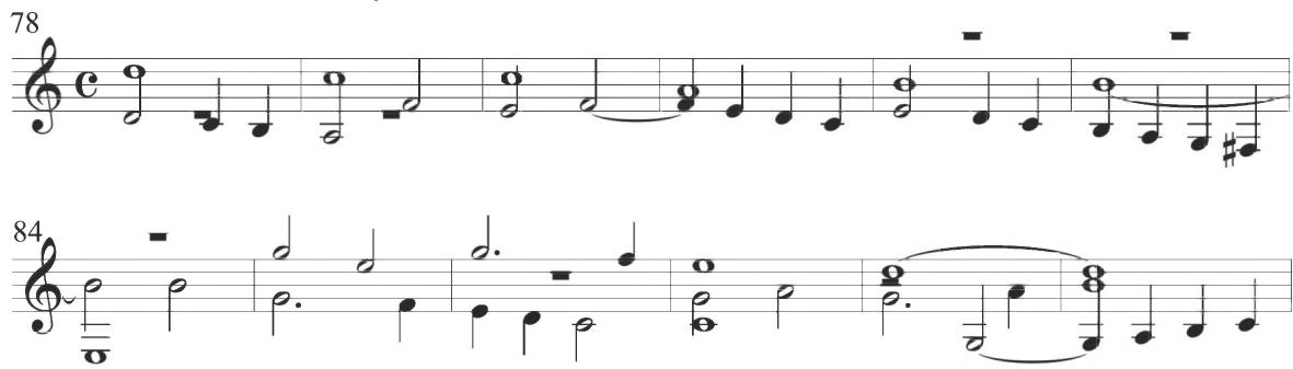 Valderrábano, Siete diferencias sobre Guárdame las Vacas, mm. 78-89；This motive changes to include the earlier ascending stepwise pattern in the final few measures of the variation. As in preceding sections, this consistent scalar motive is regularly initiated by a half note or a dotted half note. The dotted half note motive is presented by the upper voices in measures 86, 88, and 91. As in the second variation, longer tones are recurrently held across the bar line, providing frequent rhythmic displacement. Intervallic skips in half notes are again displayed throughout the section in multiple voices. As also discussed in earlier diferencias, the musical texture and rhythmic activity decreases at the conclusion of the structural section.
