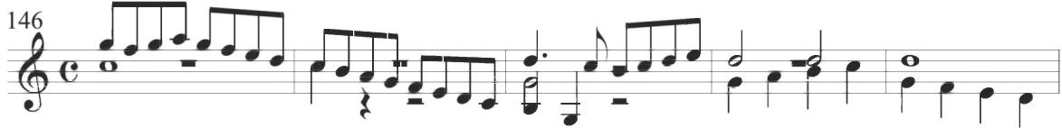 The bass voice descends particularly low within the final measures of the work, while the soprano remains relatively high, producing a noticeably wide range leading into the final chord.