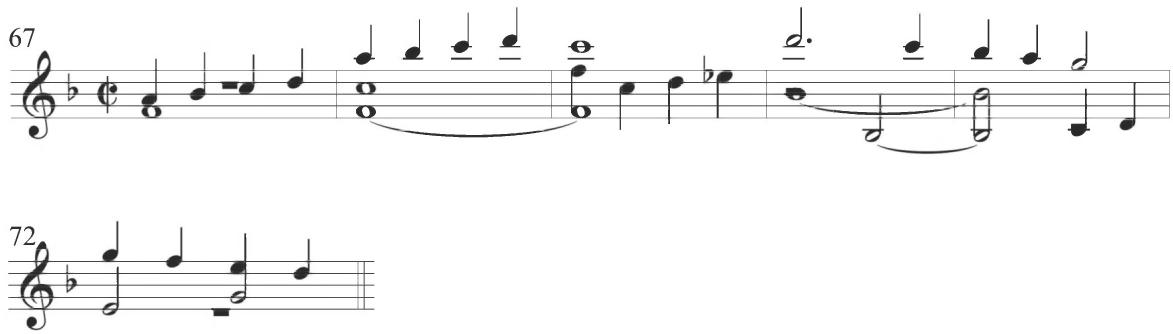 The thirteenth variation of the set, including measures 73 through 78, further contains motivic descending thirds in half notes within the inner contrapuntal voice in measures 73 and 76, in addition to the figural scale passages of earlier variations. The fourteenth diferencia conveys similar motivic figuration. The fifteenth variation of the set, encompassing measures 85 to 90, is the first section to provide persistent activity in eighth notes, producing a distinctive alternation between the faster moving soprano line and a similar arching musical shape in quarter notes within the bass, as seen below.