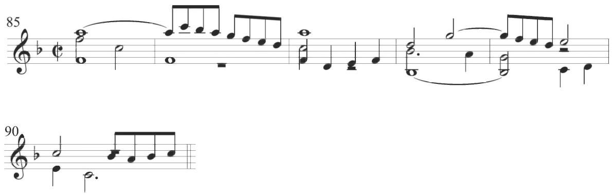 Valderrábano, Diferencias sobre el tenor del Conde Claros, mm. 85-90；The next few variations within the composition consist primarily of shifting mixtures of preceding motives, with consistent scalar passagework in primary quarter notes, containing ascending as well as descending lines and numerous notes held across the bar line in various