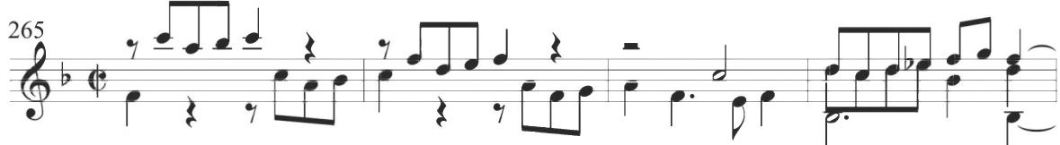 Valderrábano, Diferencias sobre el tenor del Conde Claros, mm. 265-268；At the beginning of the forty-seventh variation, comprising measures 277 through 282, the two textural voices move persistently in parallel thirds in eighth notes, as shown below.