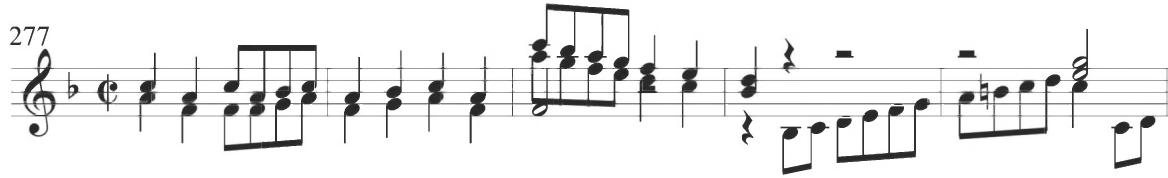 Valderrábano, Diferencias sobre el tenor del Conde Claros, mm. 277-281；The overall polyphonic texture remains relatively thick through the concluding two diferencias of the composition, and the rhythmic tempo slows somewhat leading into the final cadence of the work, with an ultimate descending scale in quarter notes in the soprano voice preceding the final cadential chord.