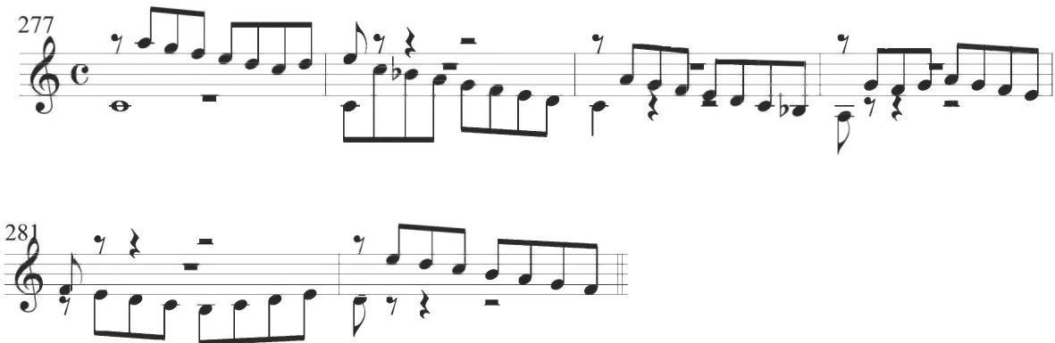 Valderrábano, Otras diferencias sobre el Conde Claros, mm. 277-282；The following four diferencias reinstate a single lower accompanimental voice, inconsistently maintained below persistent stepwise eighth notes.