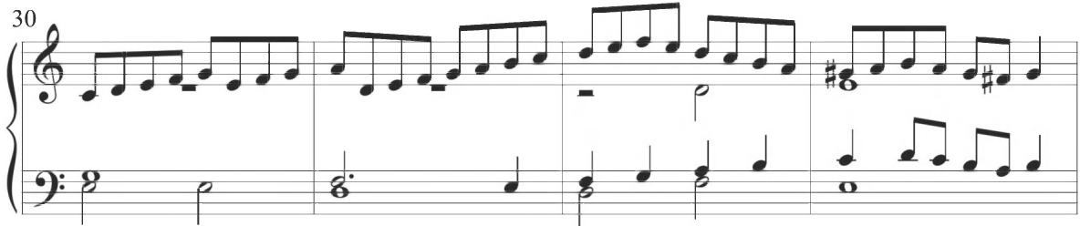 The alto takes over the figural motion from the upper line in measures 34 through 36, while the soprano briefly stays silent. The polyphonic texture at this point therefore corresponds to certain surrounding measures where the alto voice remains silent beneath the more active soprano. Throughout the variation, the bass line maintains the original romanesca pattern, with minimal compositional decoration, such as the previously noted short stepwise ascent at measure 27. As in the preceding section of the work, the soprano voice incorporates somewhat shorter note values and a consequent increase in rhythmic activity near the conclusion of the section within measures 43 to 45, with sudden ornamental activity in sixteenth notes, as demonstrated below. This figural motion subsequently slows in the final two measures of the diferencia, as scalar quarter notes in an ascending pattern stylistically related to the musical passage of the previous accompanimental bass and tenor voices, now appearing within the upper line at measure 47, ultimately lead into the following variation.