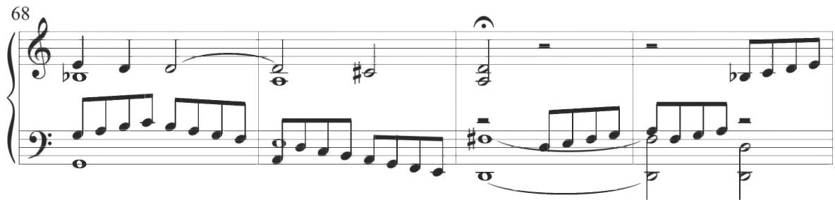Measures 49 through 51 present a distinctive descending passage in the varied bass line, again initiated with a longer quarter note and subsequently incorporating persistent eighth notes. The tenor voice exhibits further compositional interest through a stepwise arching figure in eighth
