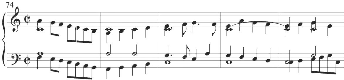 Cabezón, Diferencias sobre las Vacas (1), mm. 74-78；Through the first half of this final section, the thematic passages convey further compositional creativity than preceding variational sections. Successive measures within this preliminary structural segment exhibit constantly changing musical ideas, as the rhythmic values and melodic motion are consistently transformed, and additional intervallic activity supplements the primary scalar passagework of the preceding variations. Contrastingly, the fundamental musical