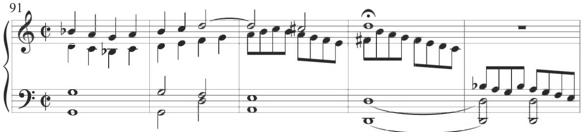 Cabezón, Diferencias sobre las Vacas (1), mm. 91-95；The alto initiates a dramatic scalar descent in eighth notes at measure 94, near the end of the variation, ultimately falling into the more typical musical range of the tenor line. The figuration continues in the final measure of the section into the bass voice, eventually leading into the requisite bass variation of the repeated first section of the composition.