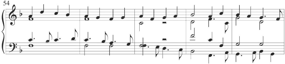 The remaining polyphonic voices incorporate this same rhythmic figure in measures 57 to 59. As in the preceding variation, a single instance of sixteenth-note figuration appears within the soprano line on the final beat of measure 61, with an ornamental chromatic turn figure. The bass takes over the varied figuration techniques in the final measure of the section with a final scalar ascent corresponding to the concluding figure in the alto in the previous diferencia, ultimately leading into a continuation of thematic manipulation by the bass voice through the subsequent variation.
