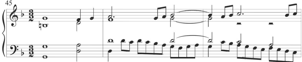 The dotted motive of preceding sections is reiterated within the soprano voice at measures 48 and 49. The soprano takes over the constant figuration from the bass in measures 52 and 53, further employing the chromatic turn figure from the penultimate measure of the preceding fifth variation at the analogous location in this variation. The bass recovers the figural passagework in the final measure of the diferencia.
