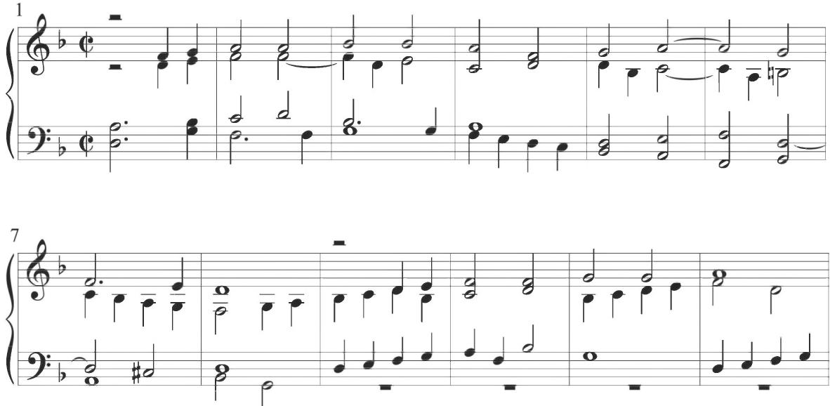 Cabezón, Diferencias sobre el &lsquo;Canto del Cavallero&rsquo;, mm. 1-12；The soprano and alto voices begin the section in parallel motion in thirds, but move away from this polyphonic activity by the third measure of the work. The alto instead initiates a series of repeated motives consisting of a descending intervallic third subsequently filled back with the missing step, a figure also frequently initiated with a tied half note and held across the bar line in a shift of primary rhythmic emphasis. This general motivic pattern is presented by the alto in measures 3, 5, 6, and 15. The tenor line employs this same figure at measure 13, with a similar intervallic figure also displayed in measures 3 and 4. In slower rhythmic motion, the intervallic motive is additionally incorporated in measures 4 to 5 and 5 to 6 in the soprano and bass lines, respectively. Brief scalar passages in quarter notes appear throughout the variation at multiple locations in each accompanimental voice. The bass line drops out of the texture completely in measures 9 through 12, but reenters in the second half of measure 13 with a scalar ascent in