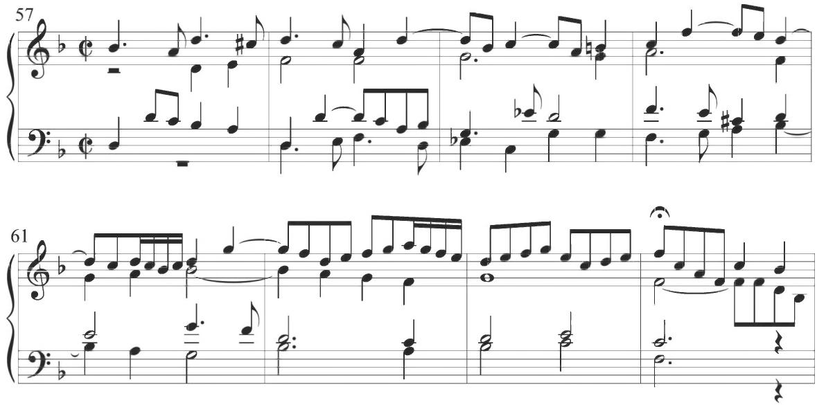 Cabezón, Diferencias sobre el &lsquo;Canto del Cavallero&rsquo;, mm. 57-64；Harmonically, this fourth variation continues to convey slightly differing musical adjustments