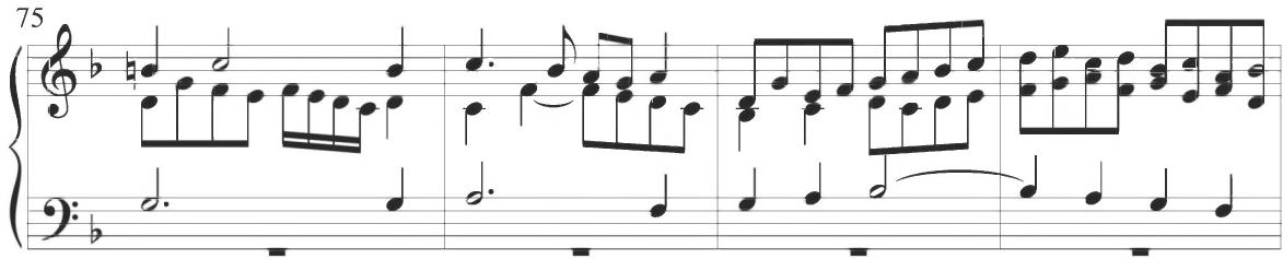 A dotted figure in the soprano line in the following measure leads to an extended series of alternating parallel sixths and parallel thirds in the two upper voices before a final stepwise turn figure in distinctive parallel thirds in the penultimate measure of the work, concluding the composition with the same musical pattern that began the initial variation.