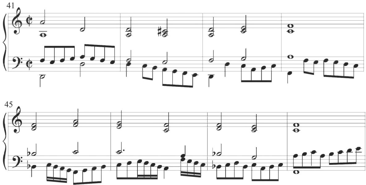 Cabezón, Diferencias sobre la Pavana Italiana, mm. 41-48；The primary rhythmic propulsion of the piece is augmented through accentuated offbeats of the bass in a broken figural pattern within measures 53 through 55 and 61 through 63 of the fourth variation, as exhibited below.