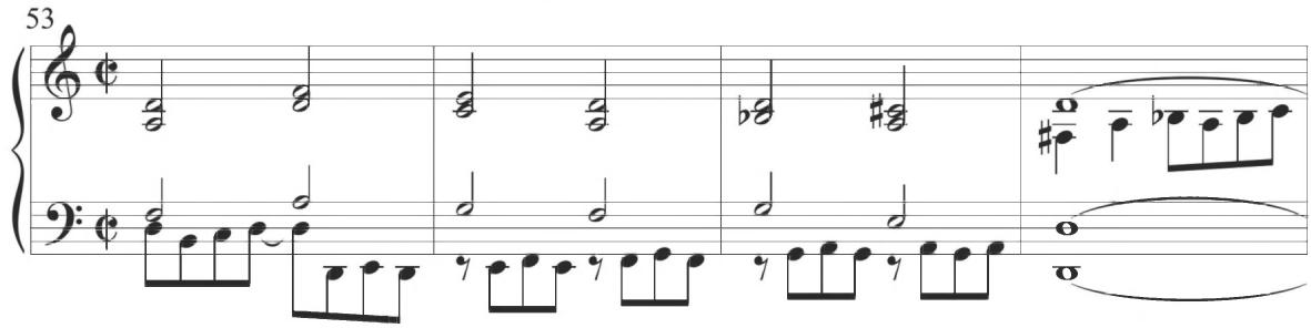 Cabezón, Diferencias sobre la Pavana Italiana, mm. 53-56；The soprano provides additional interest within the fifth variation through the triplet figures of measures 65 to 67, as demonstrated below, with a corresponding notational indication of the
