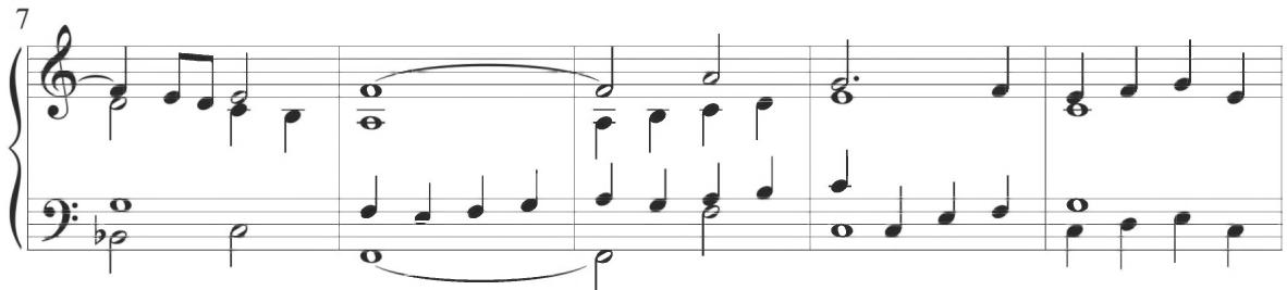 A final scalar descent in measure 16 with notationally faster eighth notes in the soprano voice leads into the subsequent second variation.