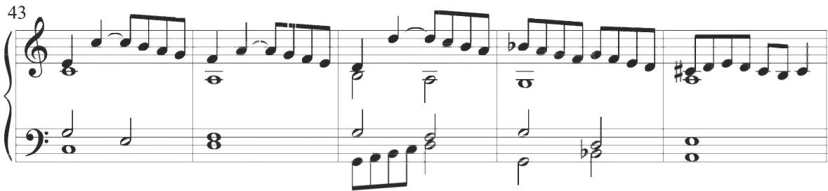 In the fourth variation, including measures 49 to 64, the soprano provides a simple statement of the original melodic material, while the bass line is musically varied to fill in the previous harmonic pattern. The alto voice incorporates brief scalar passages in measures 54, 56, and 57, while the soprano also plays short ornamental patterns within the thematic melody in measure 55 and at the conclusion of the section in measure 64, as exhibited below. As within previous thematic manipulations, the primary figuration of the bass voice typically consists of constant scalar passagework in eighth notes, with certain patterns beginning with a rhythmically longer quarter note, as in measures 58 through 60, as well as within the alto line at measure 56, in addition to the final scalar descent in the soprano at measure 64. Faster ornamental activity in contrasting sixteenth notes also appears within the bass in measure 52 and the soprano at the end of measure 55. Dotted figures directly corresponding to the patterns in measure 10 and 12 of the first variation further emerge in the soprano voice in measures 58 and 60 of this diferencia.