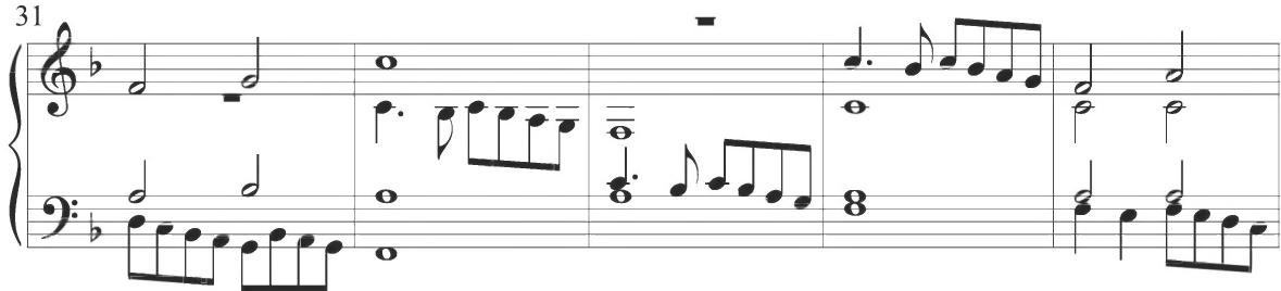 The second variation of the set comprises measures 48 through 94 and conveys the thematic melody in augmented note values in the soprano voice. The preliminary “A” material throughout this structural section encompasses fifteen total measures, followed by a relatively lengthy eight-measure musical link between segments. The initial “B” material encompasses thirteen measures, while the immediate repetition includes only eleven. The bass and alto lines are paired through much of this variation, presenting practically continuous stepwise motion in quarter notes throughout, as displayed below, while the tenor remains silent for the entirety of the section, producing a three-voice sounding contrapuntal texture and contrasting musically with the surrounding variations.