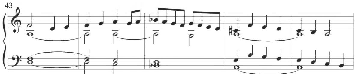 The second variation of the set comprises measures 49 to 72, incorporating a consistent durational total of twenty-four measures. The beginning twelve measures of the variation are essentially repeated through all voices in the second segment. Within this musical iteration, the soprano line incorporates further melodic movement with a constant scalar passage in various note values. The bass contrastingly produces less rhythmic motion through multiple lengthy tied notes, while the inner lines remain largely unchanged from previous sections, including frequent parallel motion and complementary figural activity between the soprano and tenor voices, while the alto remains in close rhythmic conjunction with the bass, as demonstrated below. Throughout this section, numerous tones in the soprano are held across the bar line, producing a frequent consequent shift in rhythmic emphasis. Although the most typical notational activity within the soprano consists of constant quarter notes, rhythmically faster eighth notes are also incorporated at measure 49 as well as its repetition at measure 61, with a final turn figure closely related to previous sections in ultimate sixteenth notes in measure 69.