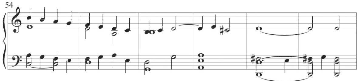 A dotted rhythmic pattern in the alto appears at measure 70, with a comparable initial iteration in the first musical segment at measure 58, finally leading into a slight syncopated figure in the concluding measure of the variation.