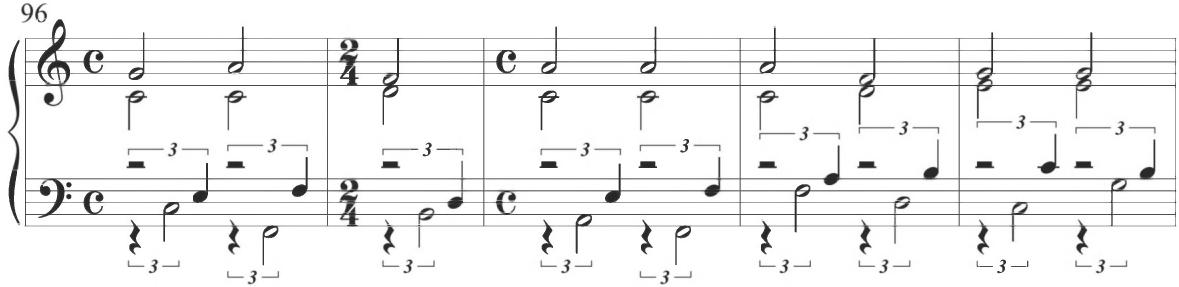 Cabezón, Diferencias sobre las Vacas (2), mm. 96-100；The lower polyphonic voices alternatively initiate an accompanimental pattern of figuration in rhythmic triplets, incorporating a musical passage that continues throughout the first half of the variation. After a further parallel stepwise passage in multiple contrapuntal voices in measures 107 and 108, an additional and somewhat varied triplet motive is assumed by the soprano in