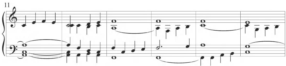 Motivic imitation in accompanimental quarter notes arises through a repeated turning pattern in the alto and tenor voices at measures 5 to 7, with a further turn figure passed between the tenor, soprano, and bass voices, respectively, in measures 10 to 12, and in a scalar pattern within all three lower voices in measures 12 to 20. Additional ornamental activity is exhibited with a standard turn figure in eighth notes and eventual sixteenth notes in the alto voice at measure 9, directly corresponding to the preceding composition, as well as with brief repeated patterns in eighth notes repeated throughout the lower two polyphonic voices in the final two measures of the section.