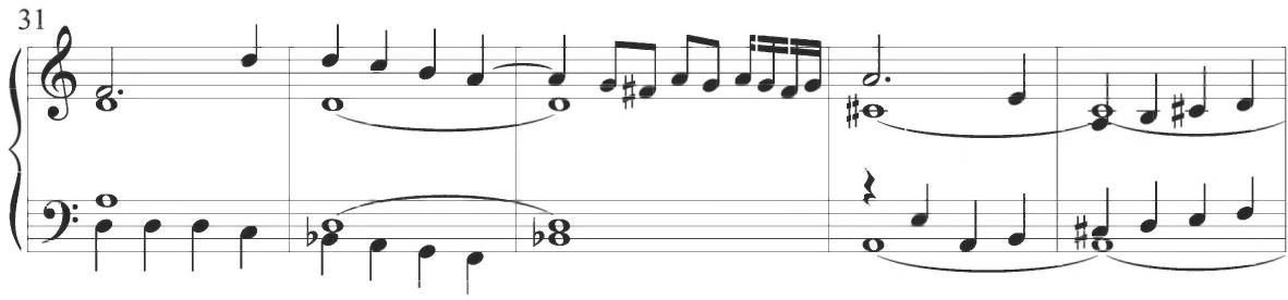 This motive recurs with the opposite rhythmic configuration in the soprano at measure 39. The turn figure in sixteenth notes of the previous section and earlier works reappears in the soprano line at measures 33 and 45. Notes are held across the bar line in the upper voice at measures 28 to 29 and 32 to 33, while dotted patterns including a dotted half note and stepwise quarter notes emerge in the soprano and tenor at measures 31, 34, 40, 42, and 46. Further accompanimental dotted figures initiating with a dotted quarter note appear in the tenor voice at measures 36 and 48.