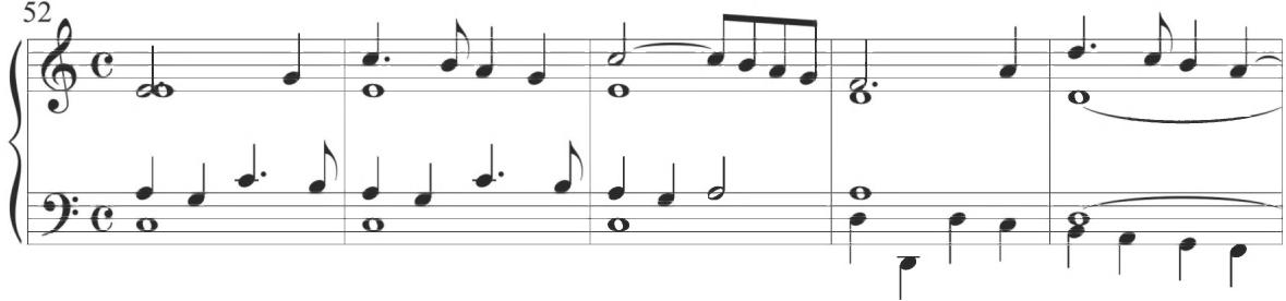 Cabezón, Otras diferencias de Vacas, mm. 52-56；A further imitative pattern of stepwise motion and repeated notes, closely related to the preceding motive in the preliminary four measures of the initial thematic iteration, emerges in consistent parallel motion in primary quarter notes in the soprano, tenor, and alto in measures 58 to 68, as exhibited below.