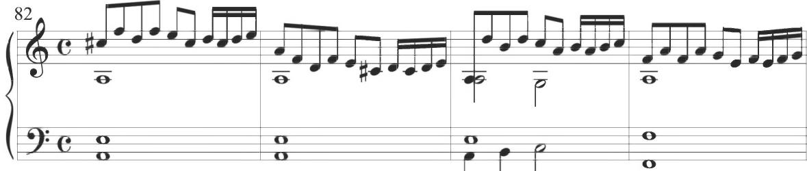 At the initiation of this second soprano motive, the previous movement of the bass line slows rhythmically and maintains primary musical correspondence with the alto and tenor voices through a chordal accompanimental pattern in a form of figuration that, along with numerous characteristics demonstrated throughout the examples above, is quickly becoming recognizable as a consistent Spanish style.
