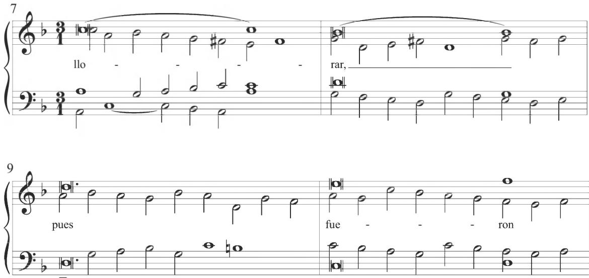 Correa, Cancion glosada, mm. 7-10；The second section of the composition, including measures 13 to 24, carries the cantus firmus melody in the tenor, again beginning on a pitch of C. The accompanimental voices continue with musical patterns closely similar to the first thematic iteration of the work. The third section, in measures 25 to 36, presents the thematic foundation in the alto and begins on G.