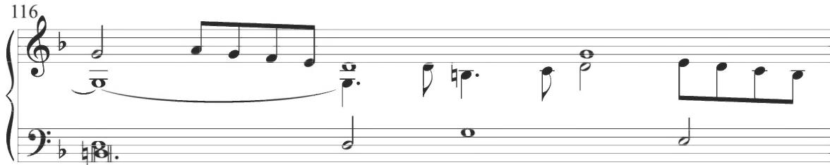 The final three measures of the variation return to straight eighth-note motion with a repeated motive combining short patterns in scalar eighth notes with a quarter-note figure in preliminary stepwise motion and a concluding descent of an intervallic third, as viewed below. The final measure of the variation showcases a dotted rhythmic pattern, incorporating a scalar descent in the tenor line in a form of figuration common to the continuing Spanish technique.