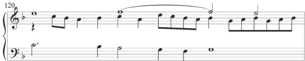 The following eleventh variation, comprising measures 121 through 132, places the cantus firmus melody in the tenor, beginning on a preliminary pitch of F. The section starts with an interlocking motivic pattern in all three accompanimental voices consisting of multiple tied notes in a relatively slow-moving passage of alternating quarter notes and half notes, as shown below.