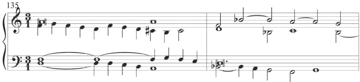 Correa, Cancion glosada, mm. 135-136；As in the previous composition by Correa, methods of figuration comprising scalar motion in frequently parallel patterns, repeated dotted rhythmic figures, and consistent shifts of rhythmic emphasis combine to place these seventeenth-century keyboard variations closely within the typical Spanish tradition established by the preceding works of the sixteenth-century vihuelists and, in particular, the keyboard variations of Cabezón.