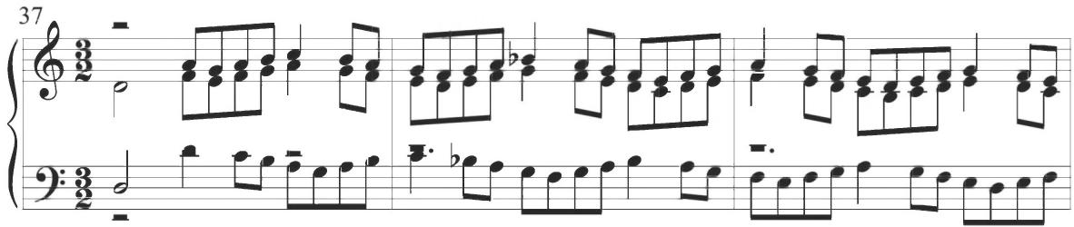 Cabanilles, Pasacalles I, mm. 37-39；This pattern appears simultaneously between all sounding voices, with the tenor line silent for the entirety of the section. The upper two voices incorporate consistent parallel motion, while the lower line presents the same motivic pattern, although rhythmically offset from the upper lines. This passagework encompasses a rhythmic development of the primary figuration of the two preceding variations, and produces an additional relationship to the motivic material at the