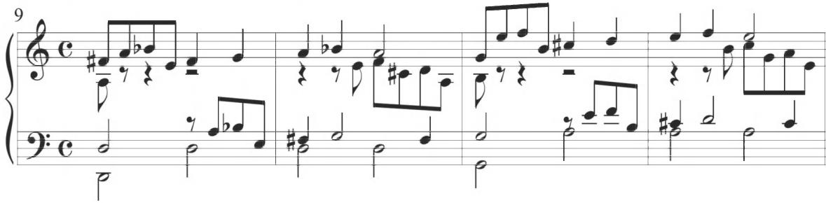 Cabanilles, Pasacalles II, mm. 9-12；The following fourth variation, containing measures 13 to 16, incorporates a repeated dotted figure in the three lower voices encompassing a stepwise ascending line. Meanwhile, the soprano presents an imitative motive comprising a tied quarter note followed by scalar eighth
