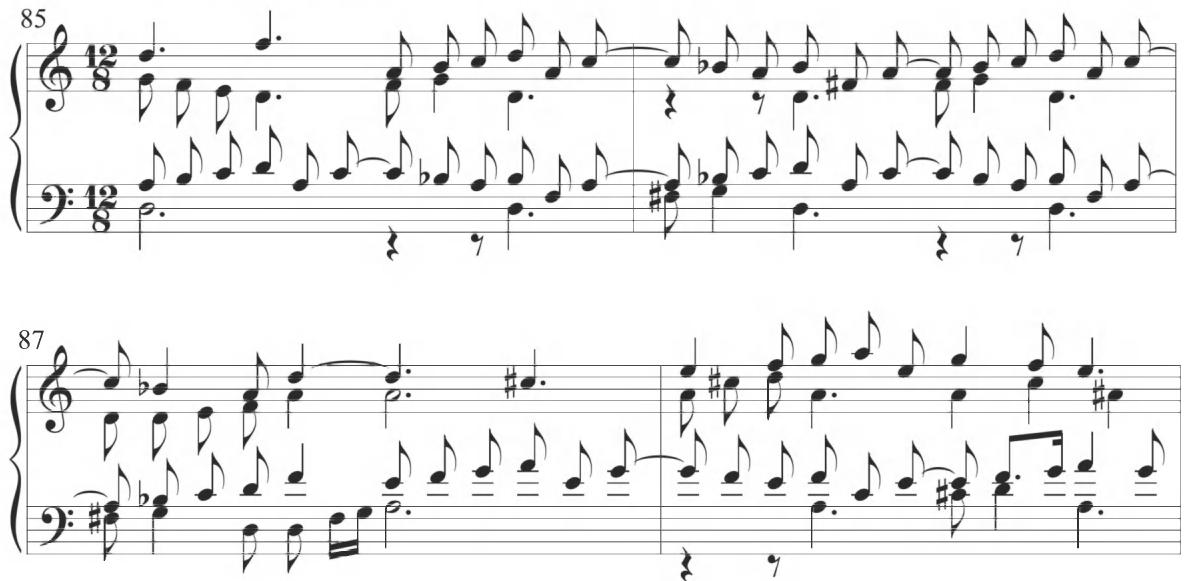 Cabanilles, Pasacalles II, mm. 85-88；The final segment of the composition, comprising the twenty-third through twenty-sixth variations and beginning at measure 89, reverts back to a common time signature and somewhat slower rhythmic movement. The stylistic segment retains the thicker polyphonic texture of the