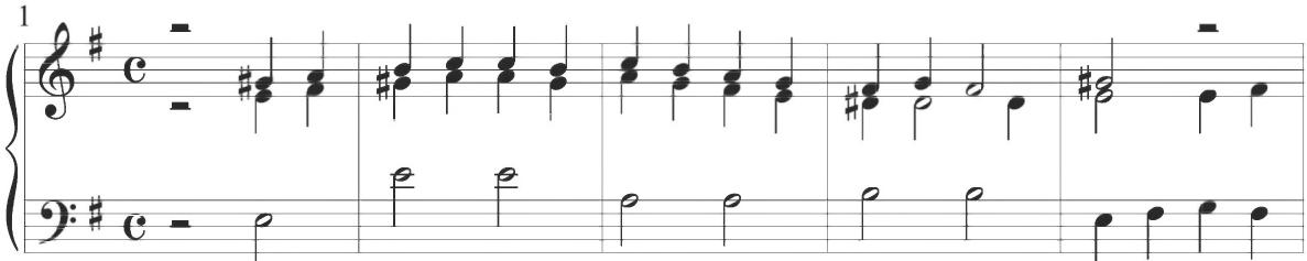 Cabanilles, Pasacalles III, mm. 1-5；The following four diferencias of the composition, comprising numbers two to five and measures 5 through 20, maintain similar stylistic techniques and a comparable musical motive as the initial thematic iteration, but produce somewhat thicker polyphonic activity and further canonic movement, as well as certain intervening eighth notes within various figural lines.