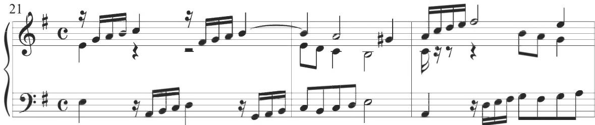 Cabanilles, Pasacalles III, mm. 21-23；The seventh diferencia of the work, containing measures 25 to 28, displays a combination of multiple musical motives, with a pattern of tied eighth notes and intervening sixteenth-note