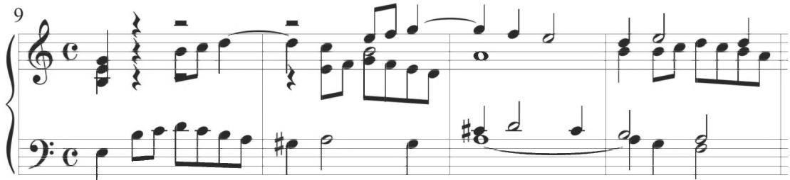 Cabanilles, Pasacalles IV, mm. 9-12；The fourth section of the work, including measures 13 to 16, conveys similar activity to the preceding diferencia, with stepwise eighth notes in a varied musical pattern. Numerous notes are held across the primary beat throughout this variation, producing a mild offset of fundamental rhythmic emphasis in a compositional style corresponding to the continuing Spanish tradition.