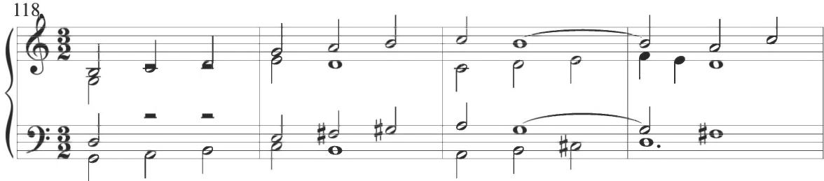 The thirty-second and final diferencia of the set, encompassing measures 126 to 135, includes a relatively lengthy duration of ten total measures. The figuration within this concluding section remains largely consistent to motives initiated in previous variations, as well as recognizable characteristics of the continuing Spanish tradition. Scalar motion is exhibited in the section in a combination of quarter notes and longer half notes. The accompanimental lines consistently display slower-moving chordal activity.