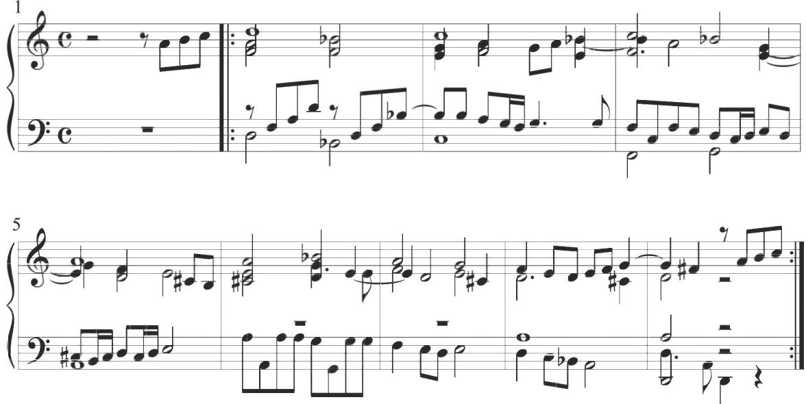 Cabanilles, Gallardas I, mm. 1-9；Subsequent measures encompass a wide variety of contrapuntal patterns, creating a texture that varies from preceding Spanish techniques. The first full measure of the section incorporates broken chordal accompanimental ascents in eighth notes within the lower two voices, leading into a tied eighth note and scalar motion with a sixteenth-note ornamental figure. A dotted