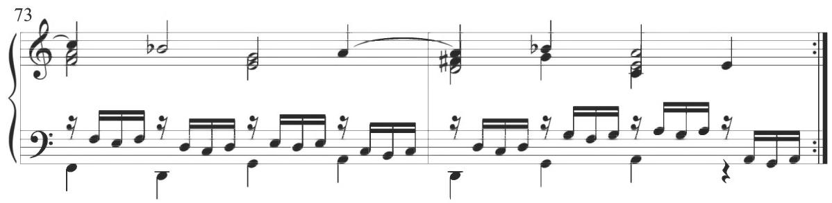 This broken figural pattern continues through the following tenth variation of the set, beginning at measure 75, but contrastingly moves in relative inversion to the upper two voices, as shown below. The tenor voice remains silent throughout this variation.