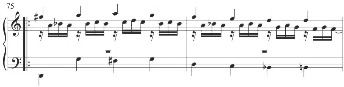 Cabanilles, Gallardas I, mm. 75-76；The eleventh diferencia of the composition, containing measures 83 through 90, includes a series of predominantly descending thirty-second note motives in a single but shifting figural line, as demonstrated below. Each of these repeated figures begins with a rhythmically longer
