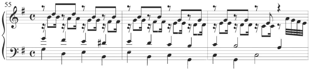 Cabanilles, Gallardas II, mm. 55-57；The seventh variation of the composition, containing measures 64 to 73, provides an immediate shift to a proportional 12/8 mensuration and incorporates a variety of ornamental figuration in consistent eighth and sixteenth notes in the upper contrapuntal lines, as exhibited below.；Cabanilles, Gallardas II, mm. 65-68；The lower accompanimental voices of the section contain similar figural patterns to preceding variations, with slower rhythmic motion through primarily chordal and stepwise figures. The descending and rhythmically offset accompanimental motive of the initial thematic iteration also roughly reappears in the lower polyphonic lines at measures 67 and 68. The upper passagework in the diferencia contains preliminary parallel motion in thirds between the soprano and alto