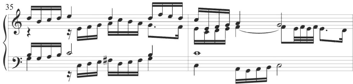 In addition, the section can be easily divided into four segments consisting of four measures each, with the primary figuration repeated at different pitch levels as the variation proceeds. The tenor incorporates a rhythmically offset descending scalar line with the bass in quarter notes at measures 34 and 38, a stylistic motive comparable to the descending accompanimental line within the beginning of the previous composition. Parallel motion with stepwise thirds between the upper voices, subsequently alternating with a similar figure in the bass line, appears at measures 36, 40, 44, and 48, typically followed by an ornamental turn pattern in notationally faster thirty-second notes.