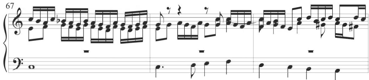 The following sixth diferencia, including measures 80 through 95, is designated within the original source as a “fuga en quarta,” or a fugue at the fourth. An initial subject consisting of an inverted arching figure in eighth and sixteenth notes first appears within the alto line and is immediately answered within the soprano in the same measure at the interval of a fourth up, as demonstrated below.